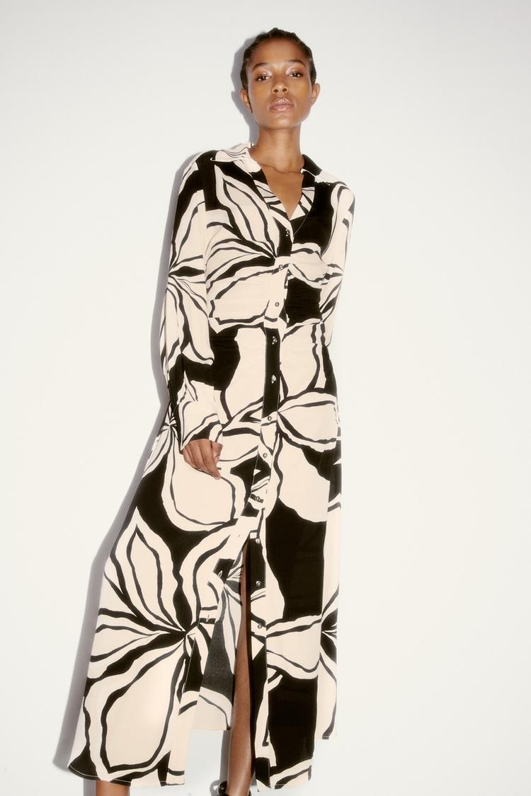 FLORAL PRINT SHIRT DRESS Ecru Black ZARA Spain
